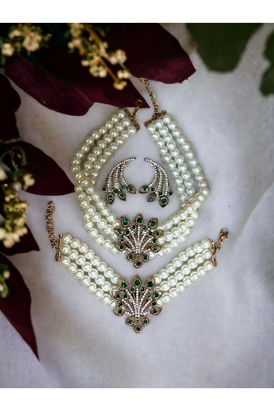 Zümrüt Yeşil Hayat Ağacı Figür İnci Kolye İnci Bileklik ve Küpe Seti - 2