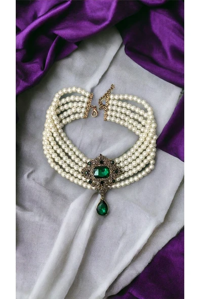 Baget ve Su Damlası Taşlı İnci Choker Kolye - 5