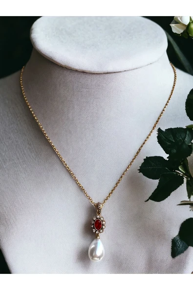 Oval Kristal Taşlı Mayorka İnci Kolye - 10