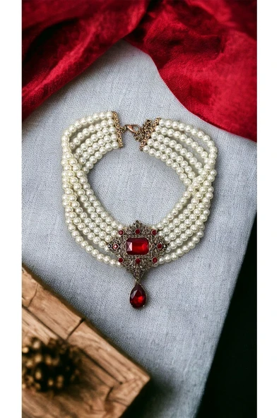 Baget ve Su Damlası Taşlı İnci Choker Kolye - 12