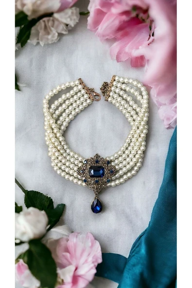 Baget ve Su Damlası Taşlı İnci Choker Kolye - 3