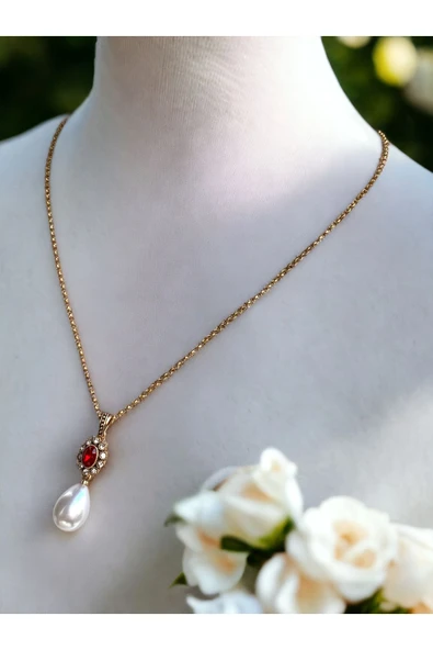 Oval Kristal Taşlı Mayorka İnci Kolye - 9