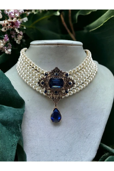 Baget ve Su Damlası Taşlı İnci Choker Kolye