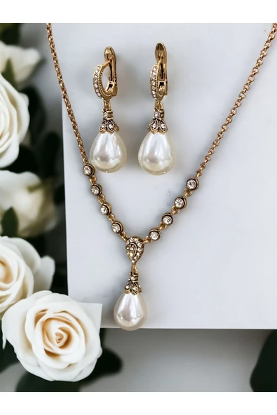Zirkon Taşlı Mayorka İnci Kolye ve Mayorka İnci Küpe Seti - 2