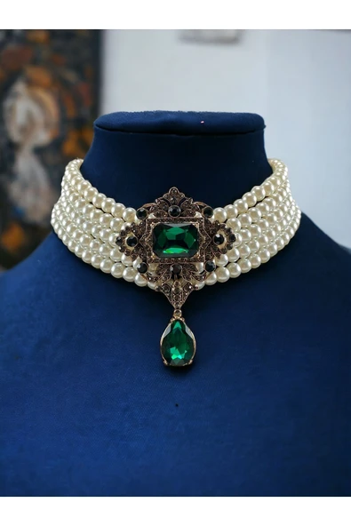 Baget ve Su Damlası Taşlı İnci Choker Kolye - 4