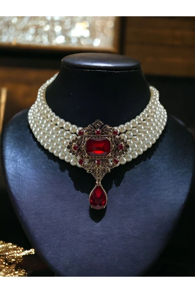 Baget ve Su Damlası Taşlı İnci Choker Kolye - 10