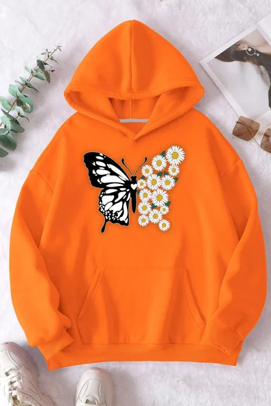Papatya Kelebek Baskılı Oversize Sweatshirt