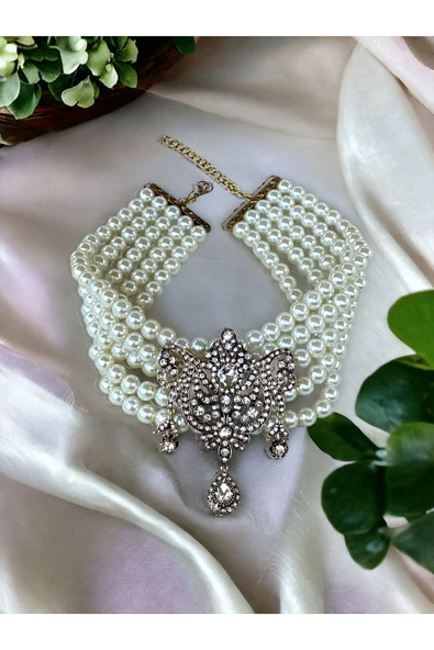 Zirkon Taşlı Choker Tasma Inci Kolye - Resim 2