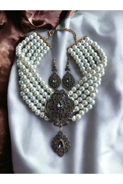Black Diamond Zirkon Taşlı İnci Kolye ve Küpe Seti