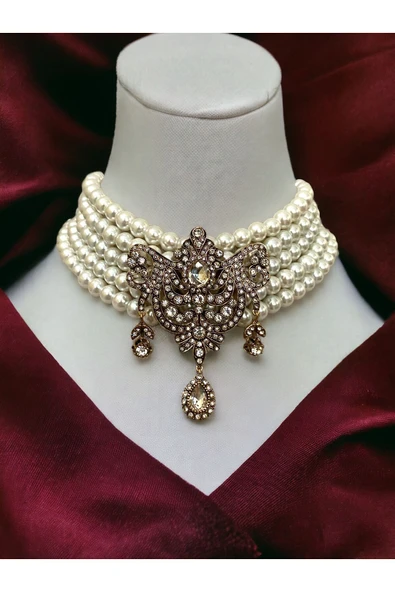 Zirkon Taşlı Choker Tasma Inci Kolye ürün görseli