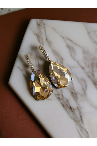 Kristal Taşlı Büyük Su Damlası Sallantılı Küpe - Resim 3