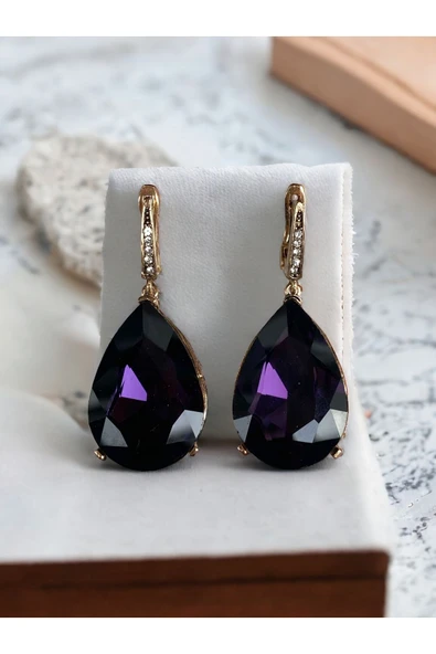 Kristal Taşlı Büyük Su Damlası Sallantılı Küpe - Resim 4