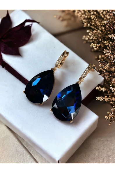 Kristal Taşlı Büyük Su Damlası Sallantılı Küpe - Resim 9