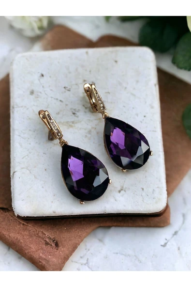 Kristal Taşlı Büyük Su Damlası Sallantılı Küpe - Resim 5