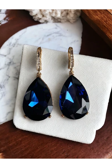 Kristal Taşlı Büyük Su Damlası Sallantılı Küpe - Resim 7