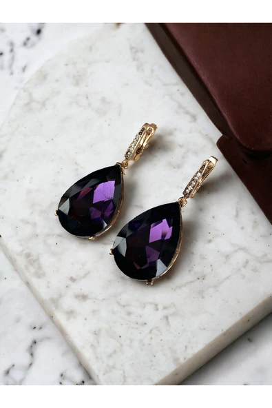 Kristal Taşlı Büyük Su Damlası Sallantılı Küpe - Resim 6