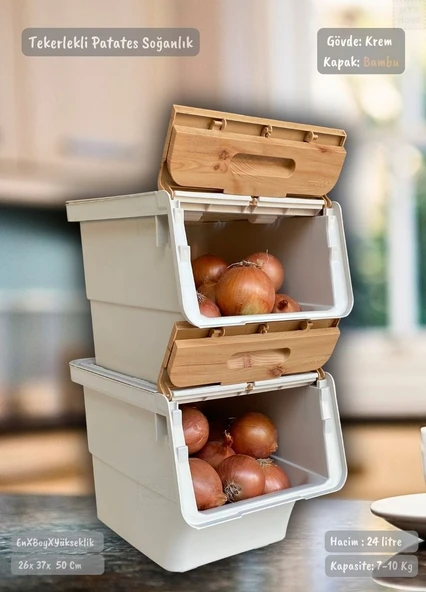 2’li Bambu Renk Tekerlekli Patateslik Soğanlık Oyuncak Kutusu Patates Soğan Sepeti Motek 24 Lt - 3