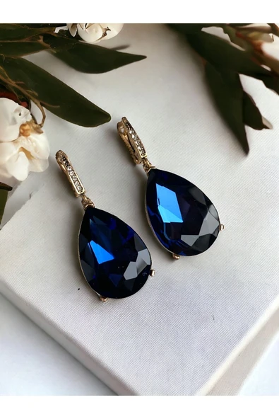 Kristal Taşlı Büyük Su Damlası Sallantılı Küpe - Resim 8