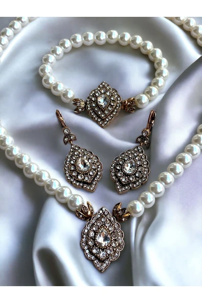 Zirkon Taşlı Badem İnci Kolye , Küpe ve İnci Bileklik Seti - 3