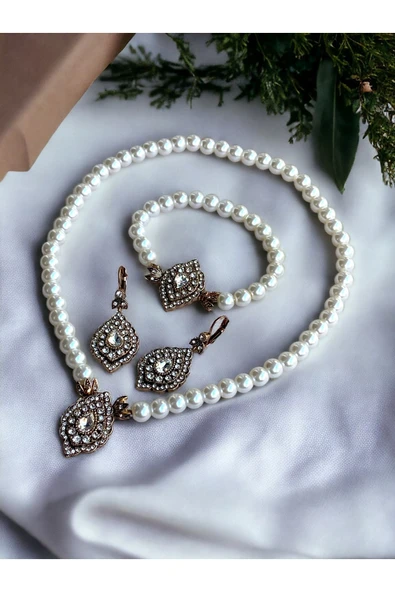 Zirkon Taşlı Badem İnci Kolye , Küpe ve İnci Bileklik Seti - 2