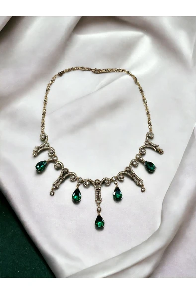 Sarkıt Gerdanlık Zümrüt Taş Detaylı Nişan Kına Düğün Gerdanlık - Resim 2