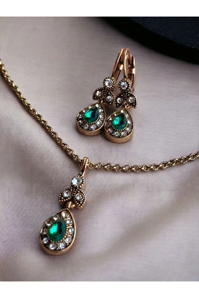 Kristal Taşlı Küçük Su Damlası Kolye ve Sallantılı Küpe Seti - 2