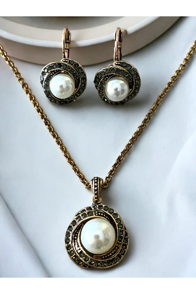 Kristal Taşlı Inci Kolye Ve Küpe Seti - 3