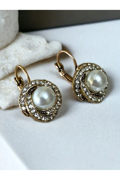 Zirkon Taşlı Sarmal Inci Sallantılı Küpe - Resim 3