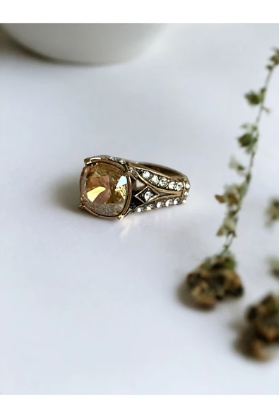 Sarı Kristal Taşlı Yüzük - 1