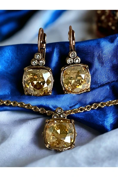 Sarı Kristal Taşlı Kolye ve Küpe Seti - Resim 2