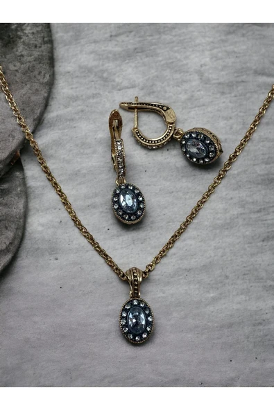 Zirkon Taşlı Oval Kesim Kolye Ve Sallantılı Küpe Seti - 1