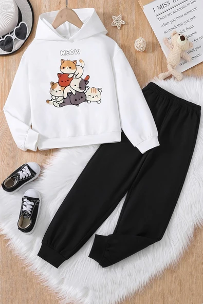 Meow Kediler Baskılı Çocuk Rahat Eşofman Takımı - 3