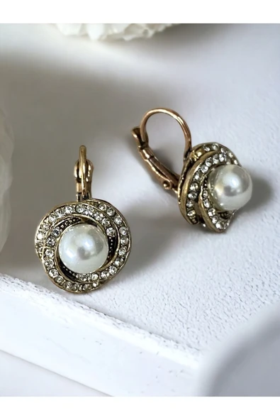 Zirkon Taşlı Sarmal Inci Sallantılı Küpe - Resim 4