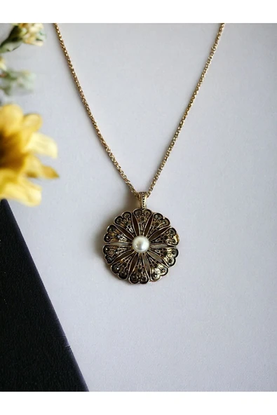 Black Diamond Swarovski Taşlı İnci Çiçek Kolye - 2