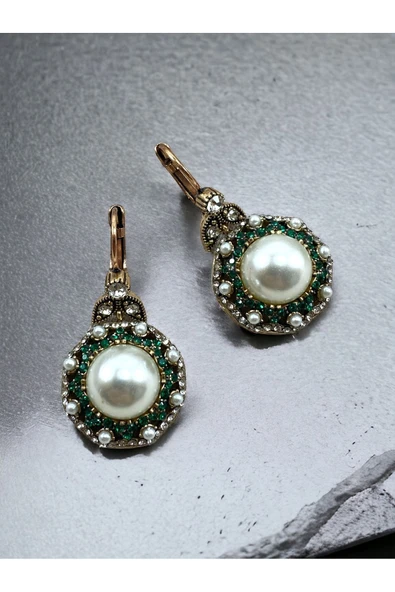 Kristal Taşlı Inci Yuvarlak Küpe - Resim 3