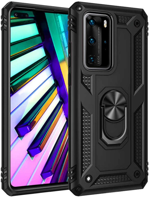 Huawei P40 Pro Kılıf Yüzüklü Standlı Tank Zırh Silikon