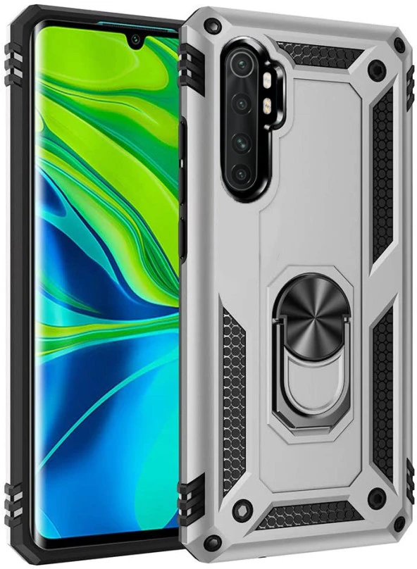 Xiaomi Mi Note 10 Lite Kılıf Yüzüklü Standlı Tank Zırh Silikon - 4