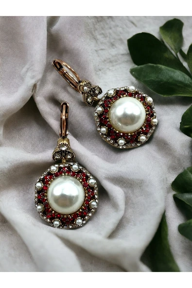 Kristal Taşlı Inci Yuvarlak Küpe - Resim 5