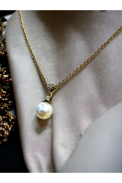 Kristal Taşlı Yuvarlak İnci Kolye - Resim 2