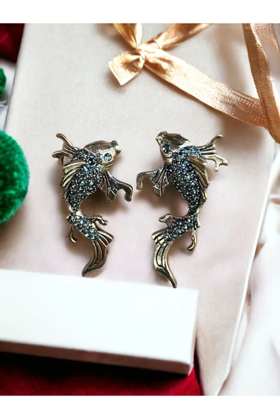 Turkuaz Taşlı Balık Figür Küpe - Resim 7