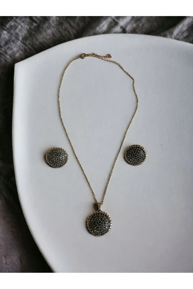 Black Diamond Taşlı Daire Kolye ve Küpe Seti