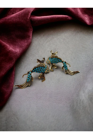 Turkuaz Taşlı Balık Figür Küpe - Resim 2