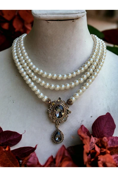 Black Diamond Kristal Taşlı İnci Kolye - 1
