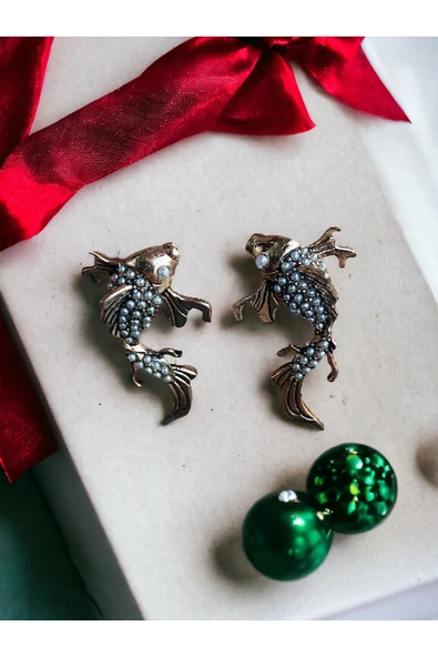 Turkuaz Taşlı Balık Figür Küpe - Resim 3