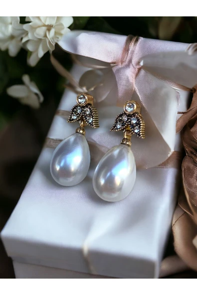 Kristal Taşlı Yaprak Figür Başlı İnci Küpe - 2