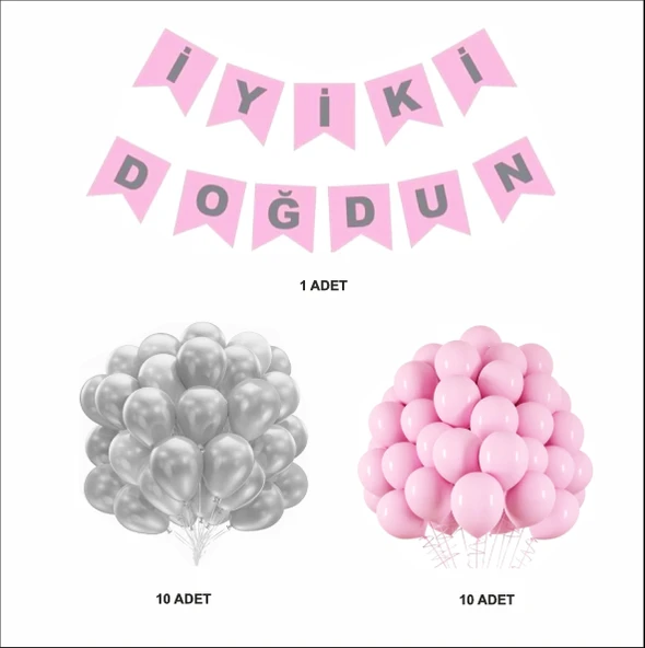 PEMBE-GÜMÜŞ MINI BALON+BANNER SETİ - 2