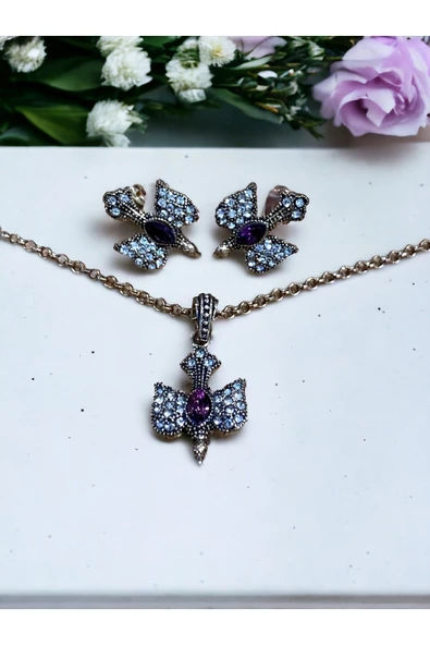Kristal Taşlı Kırlangıç Figürü Kolye ve Küpe Seti - 4