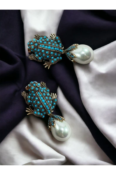 Kurbağa Figür İnci Sallantılı Küpe - 4