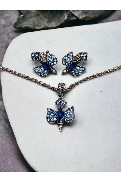 Kristal Taşlı Kırlangıç Figürü Kolye ve Küpe Seti