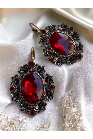 Yakut Kırmızı Zirkon Taşlı Küpe - 2